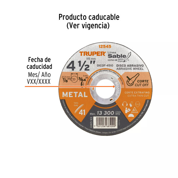 ‣ Disco Tipo 41 4-1/2" x 1 mm Metal | Truper