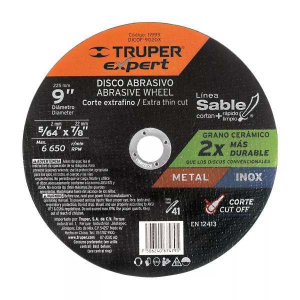 ‣ Disco Tipo 41 de 9" x 2 mm para metal... | Truper Expert