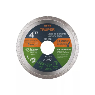 Disco de diamante de 4" x 1.6 mm, rin continuo, TRUPER