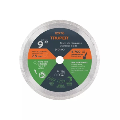 Disco de diamante de 9" x 2.2 mm, rin continuo, TRUPER