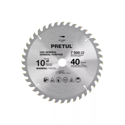 Disco sierra 10" para madera, 40 dientes centro 1", Pretul