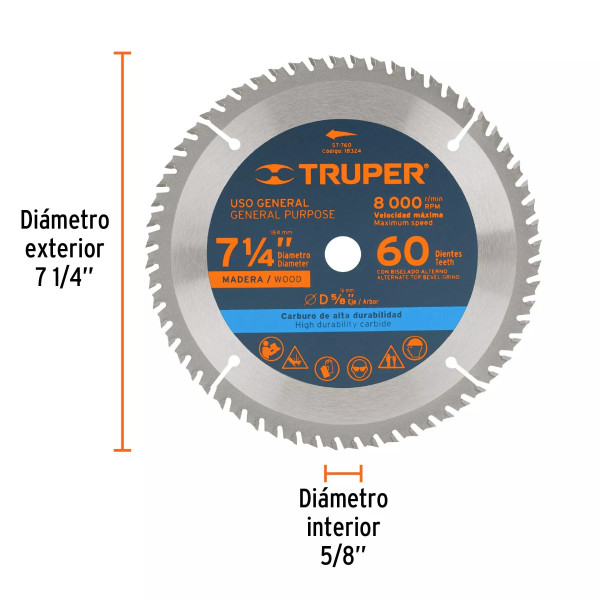 ‣ Disco sierra 7‑1/4" madera, 60 dientes... | Truper