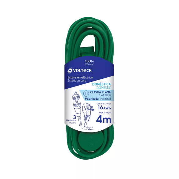 ‣ Extensión eléctrica 4 m verde, clavija plana | Volteck