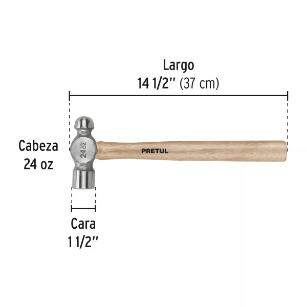 ‣ Martillo pulido bola 24 oz mango madera... | Pretul