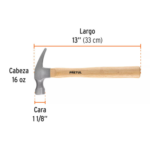 ‣ Martillo semipulido, 16 oz, uña recta... | Pretul