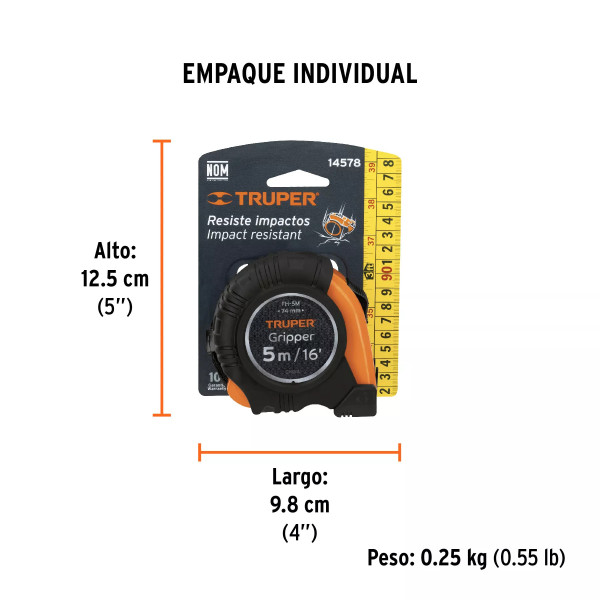Flexómetro Gripper Contra Impactos 5 M Cinta 19 Mm, Truper | Flexómetros / Cintas Metricas Ferreterias Ferretodo
