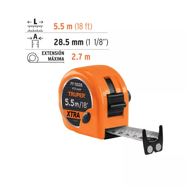Flexómetro Xtra 5.5 M Cinta Extra Ancha 28 Mm, Truper | Flexómetros / Cintas Metricas Ferreterias Ferretodo