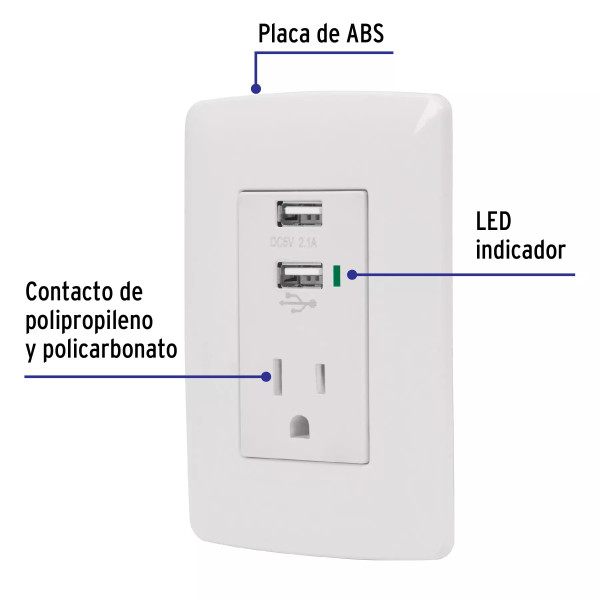 ‣ Contacto aterrizado + 2 USB, blanco | Volteck