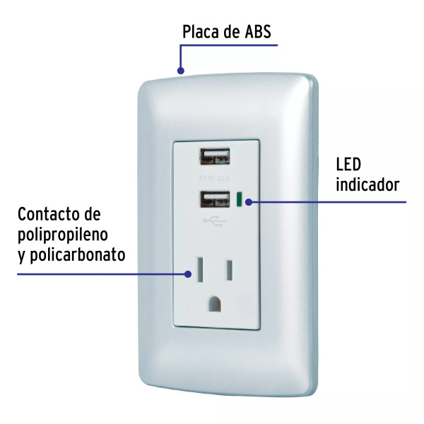 ‣ Contacto aterrizado + USB, plata, línea Italiana... | Volteck