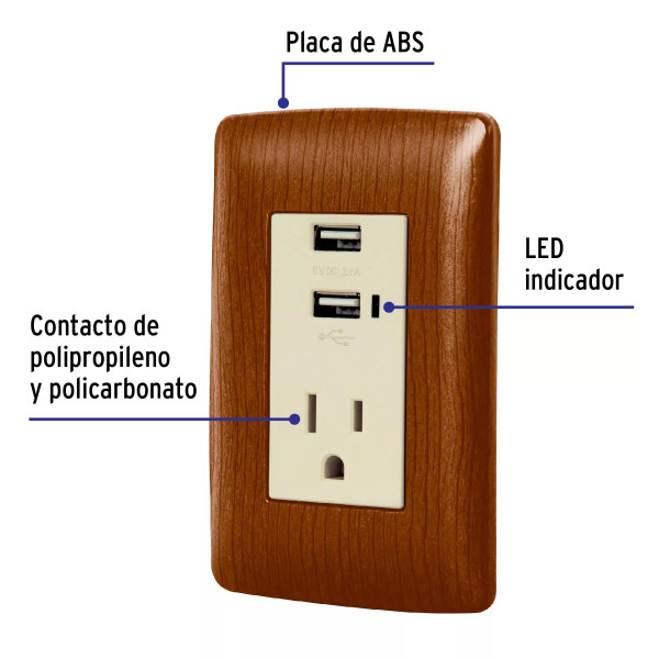 ‣ Contacto aterrizado + USB madera Italiana... | Volteck