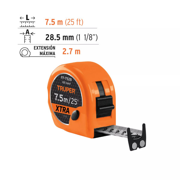 Flexómetro Xtra 7.5 M Cinta Extra Ancha 28 Mm, Truper | Flexómetros / Cintas Metricas Ferreterias Ferretodo