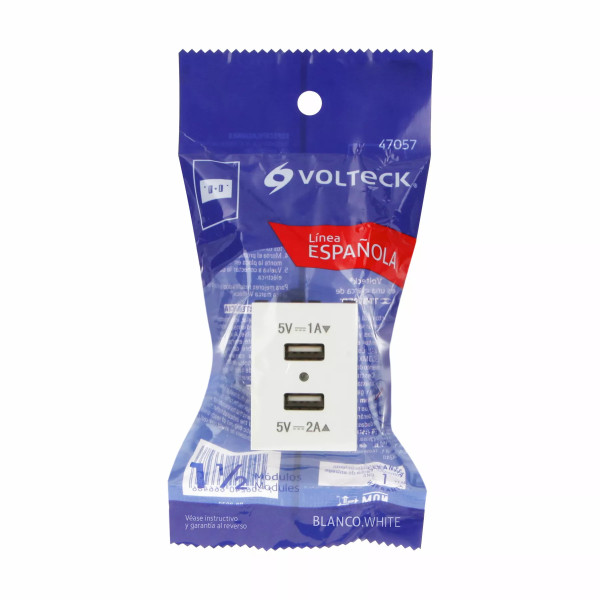 ‣ Toma USB 1.5 módulos blanca, línea Esp... | Volteck